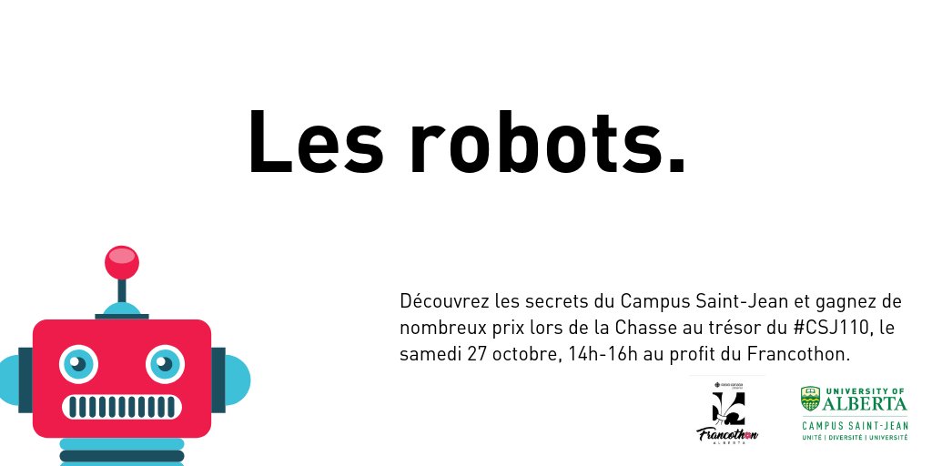 UAlbertaCSJ's tweet photo. Découvrez nos secrets lors de la Chasse au Trésor du 110e anniversaire du Campus Saint-Jean au profit du #francothonAB: samedi 27 octobre, 14h-16h. #frab #CSJ110 #secrets #Bibliosaintjeanj https://t.co/KFVzqfGzBD https://t.co/vCEowuykEx