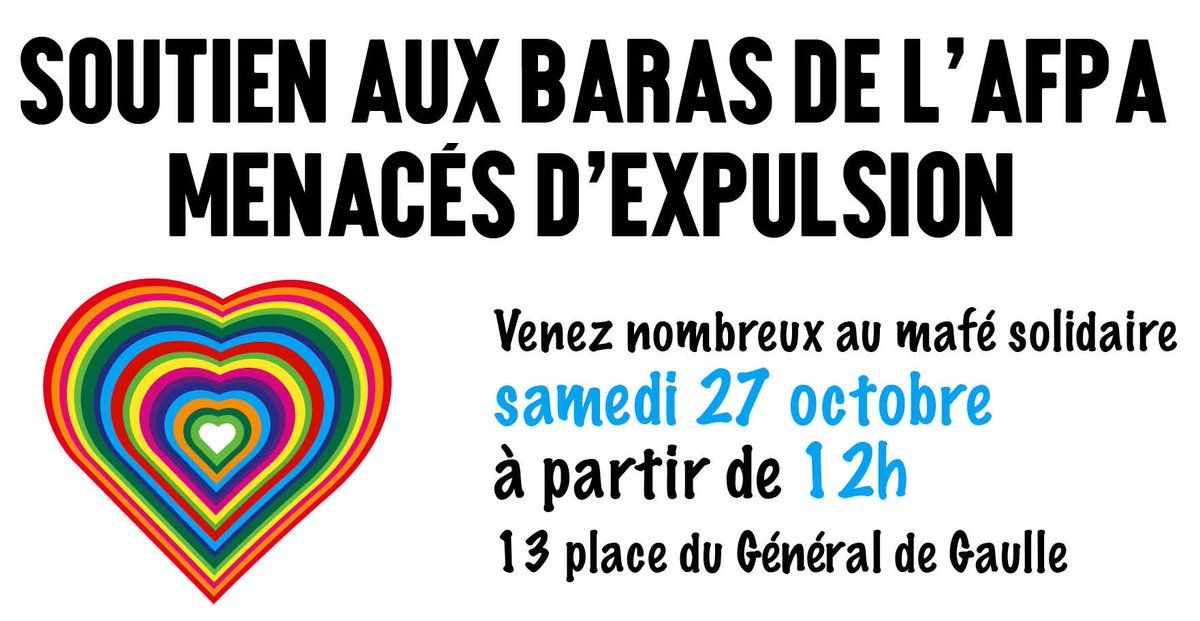 PatriceBessac's tweet photo. Les travailleurs migrants du foyer #Bara de #Montreuil vous invitent à un grand Mafé solidaire le samedi 27 octobre à partir de 12h devant les anciens locaux de l'Afpa. La mobilisation de toutes et tous est indispensable pour défendre le droit des résidents à un #logement digne. https://t.co/icvDBEC8vz