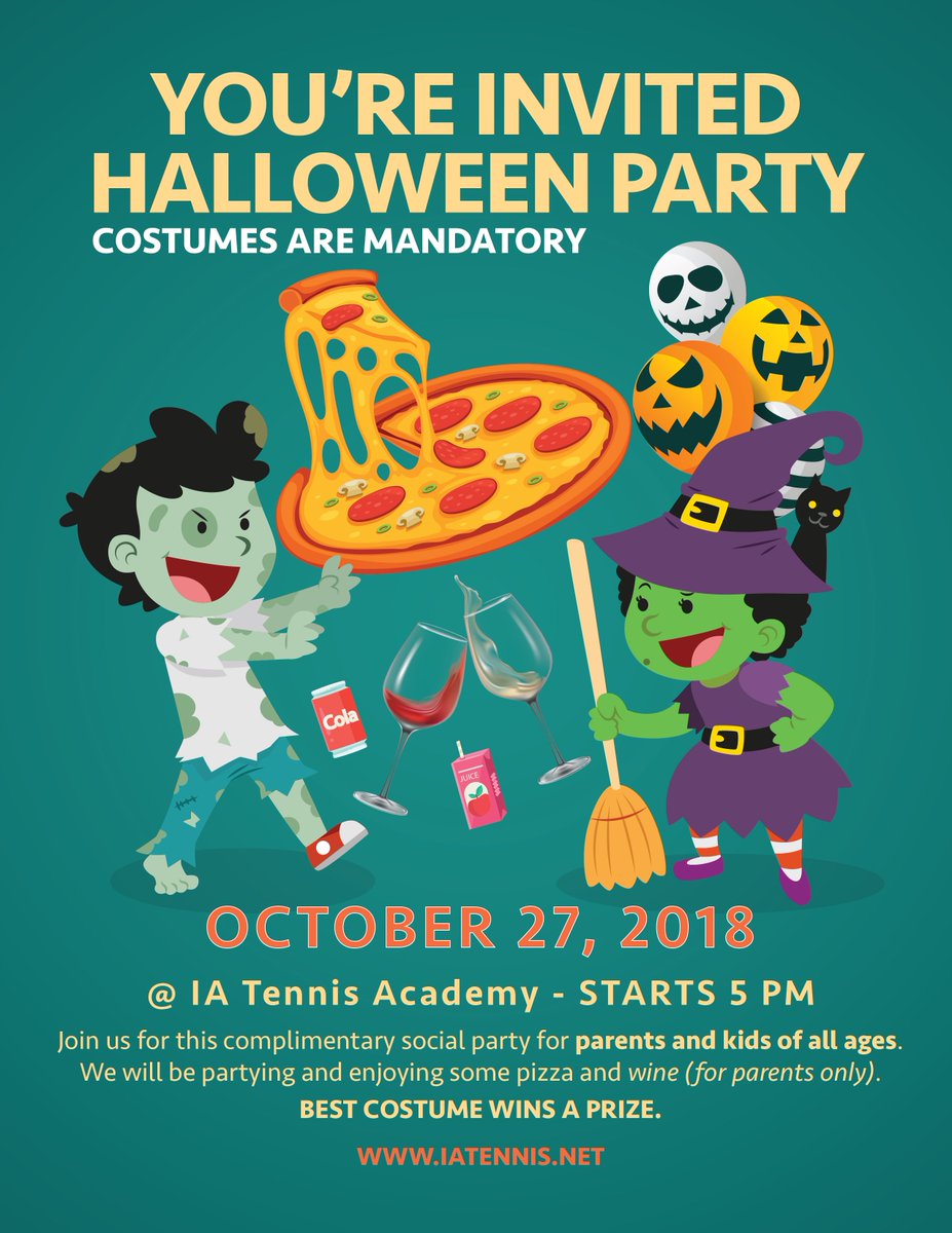 IATennis's tweet photo. Join us for this complimentary social party for parents and kids of all ages. We will be partying and enjoying some pizza and wine (for parents only). BEST COSTUME WINS A PRIZE. Text Coach Yari to confirm your arrival: (732) 865-1951 #halloween #party #tennis #pizza #fun #costume https://t.co/p4ry2bSdpR