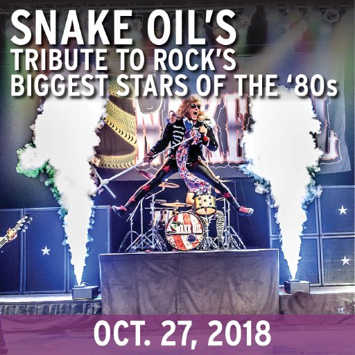 Join us for @SnakeOilRock this Saturday at 7P! It'll make your hair grow back and cure the creak in your joints! (or maybe not...but it's guaranteed to make you feel young again with the sweet sounds of AC/DC, Kiss, Journey, and more) bit.ly/2O1vlzm
