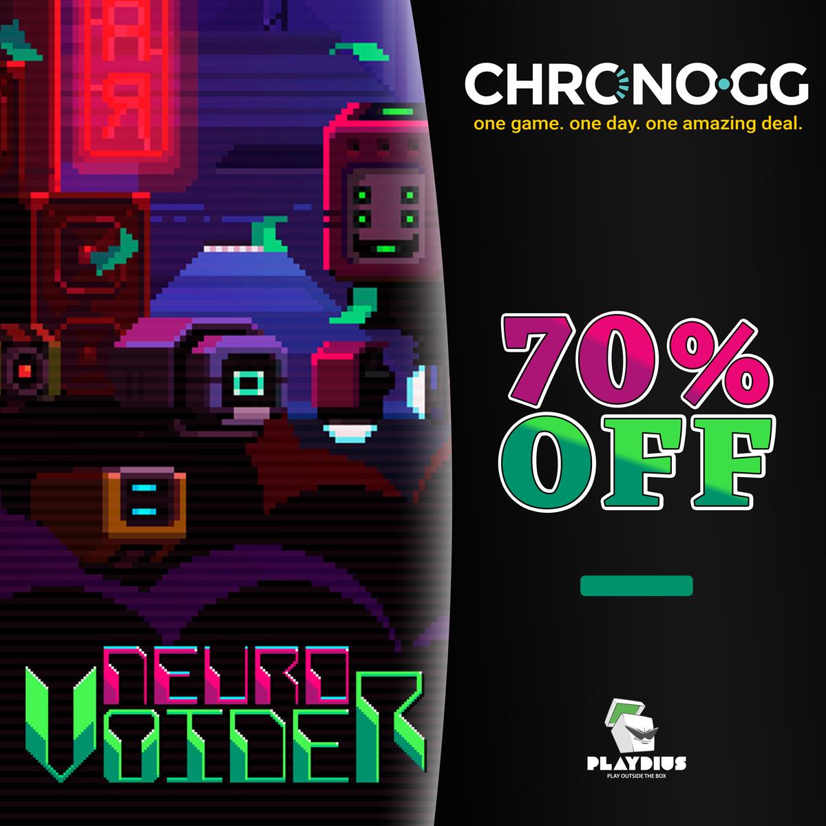 Get <a href="/NeuroVoider/">NeuroVoider</a> 70% off the Deluxe edition on <a href="/chronodeals/">Chrono</a>! Our futuristic twin-stick shooter with tons of loot and enemies and a banging soundtrack is on sale for the next 24 hours: chrono.gg!