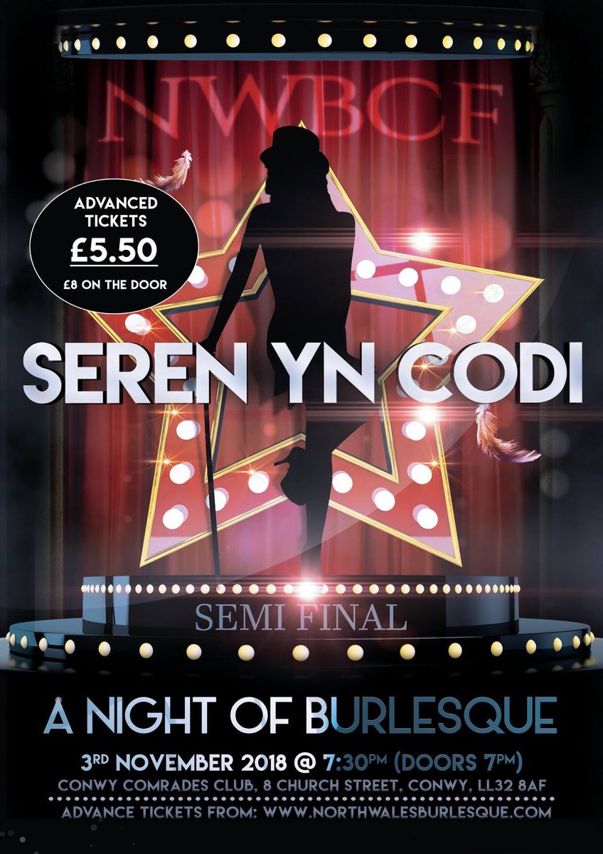 BurlesqueWales's tweet photo. The semi final of the Seren yn Codi competition is almost here! 

Get your tickets now! https://t.co/H1lwoa39Xj #nwbcf #burlesque #cabaret #serenyncodi #conwy #northwales #northwalestagram https://t.co/5ZcAEX4LmA