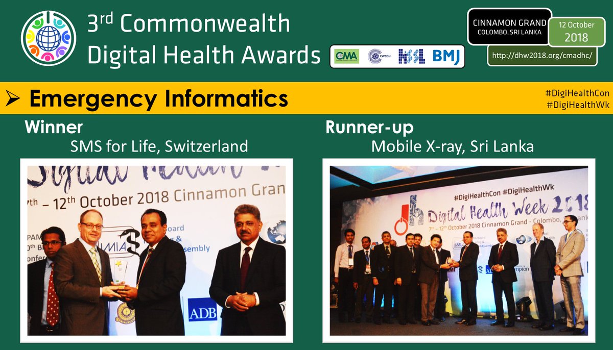 HISSLk's tweet photo. @commonwdoctors @CWCDH_info @bmj_latest Emergency Informatics
> Winner: SMS for Life, Switzerland 
> Runner-up: Mobile X-ray, Sri Lanka

#DigiHealthCon #DigiHealthWk https://t.co/hWZVxYt44i