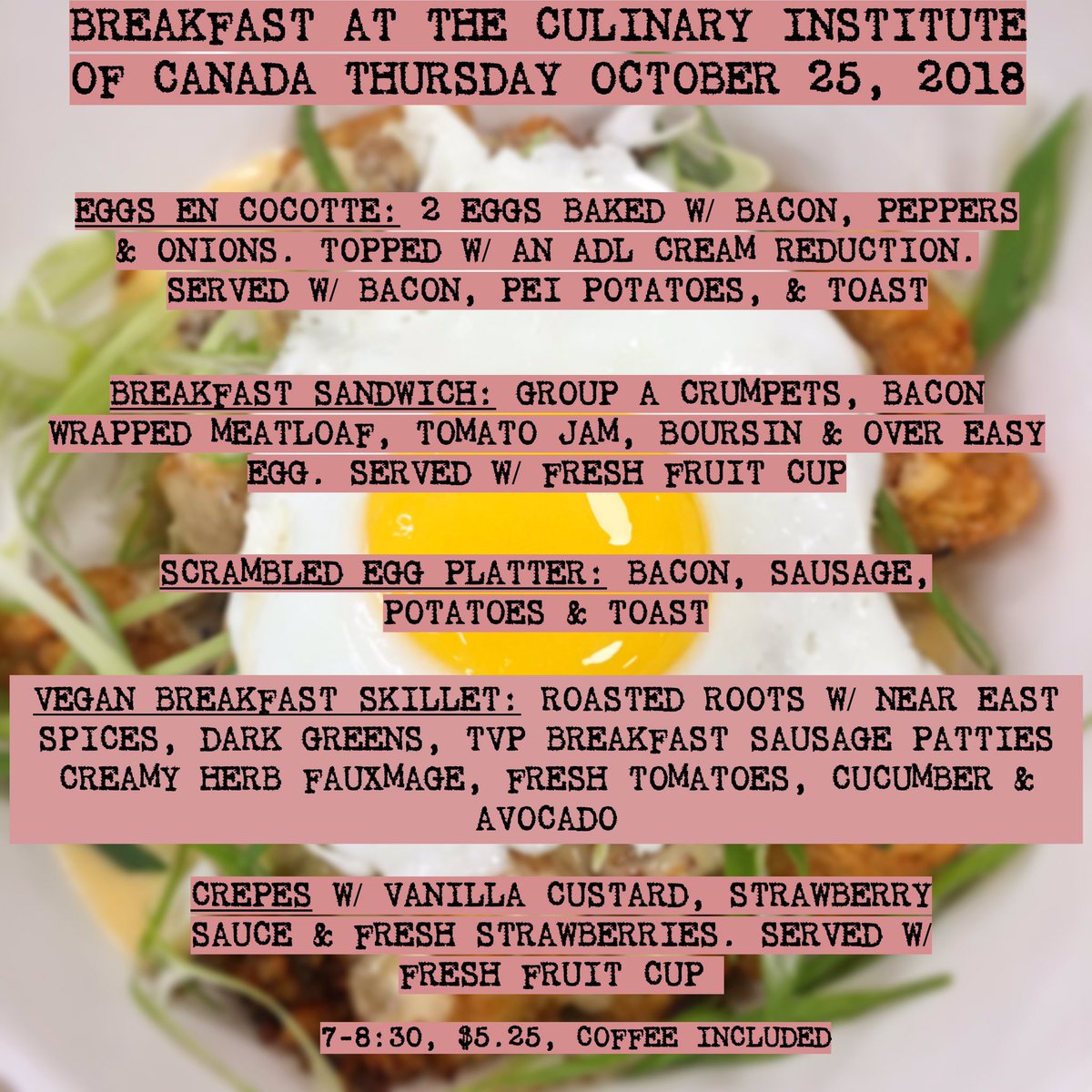 chef_ilona's tweet image. Whatcha doing for brekkie tomorrow?

Ever had a freshly made crumpet? We’re taking ours &amp;amp; topping it w/ @BoursinCheese, candied bacon, fried egg, bacon wrapped meatloaf &amp;amp; tomato jam!

7-8:30, $5.25, coffee included. 

#pei #chefinstructor #studentdriven