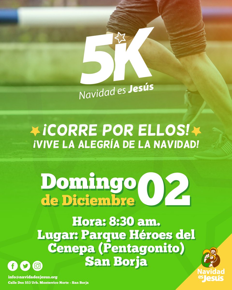 NEJcentral's tweet photo. ¡Seguimos con nuestras actividades! Los invitamos a la carrera "5K Navidad es Jesús". 😀💚

Fecha: Domingo 02/12
Hora: 8:30 am.
Lugar: Parque Héroes del Cenepa (Pentagonito - San Borja).

¡Corramos por ellos!😁

#NEJ2018 #5k #NavidadEsJesús #CompartamosLaAlegría #Carrera https://t.co/7JqsL0mTQx