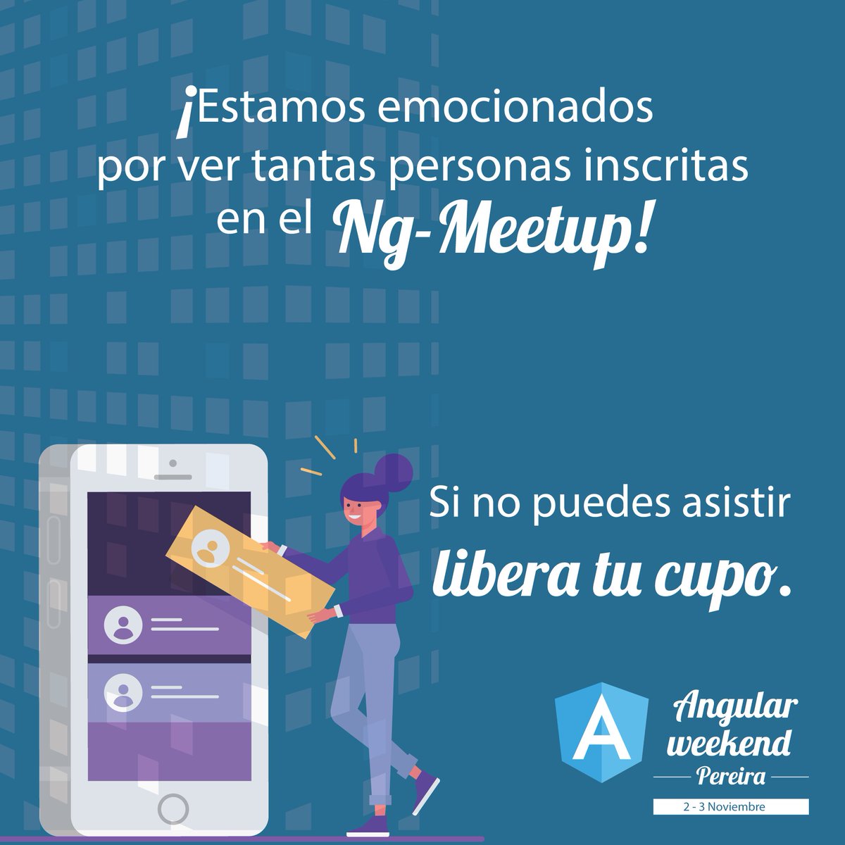 PereiraJS_'s tweet photo. Si no puedes asistir al #NgMeetup este 2 de noviembre, recuerda liberar tu cupo. ¡Hay muchas personas esperando!😉
meetup: https://t.co/2BbxVFRhWK
Patrocina: @YuxiGlobal Apoya: @UTPereira @aseutp https://t.co/PrmDIhkeIg