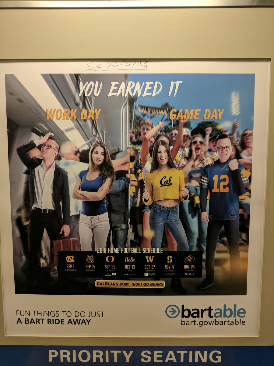 five_virtues's tweet image. Whoever defaced this ad (it's at the top and says "Sexism:") is absolutely right. I'm appalled that this is coming from @SFBARTable @bartsf and @CalBearStrength @calbuzztap (no idea which one is the right handle)
