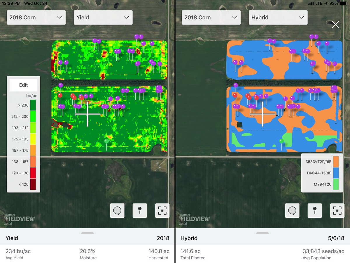 JoshMesser_Ag's tweet photo. Is @precision_plant #multigenetic planting worth it? If you get the zones right and know the hybrids it can pay huge. a lot of variance in soils here and nearly eliminated “peaks and valleys” on the yield map. Will fine tune the low yld areas remaining for better ROI https://t.co/Y75GANLeEk