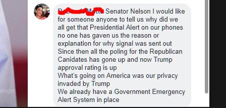 narrtrek's tweet image. I was looking at @SenBillNelson&apos;s #facebook page and looks like someone thinks there is a conspiracy to &quot;brainwash&quot; people via the #presidentialalertsystem.