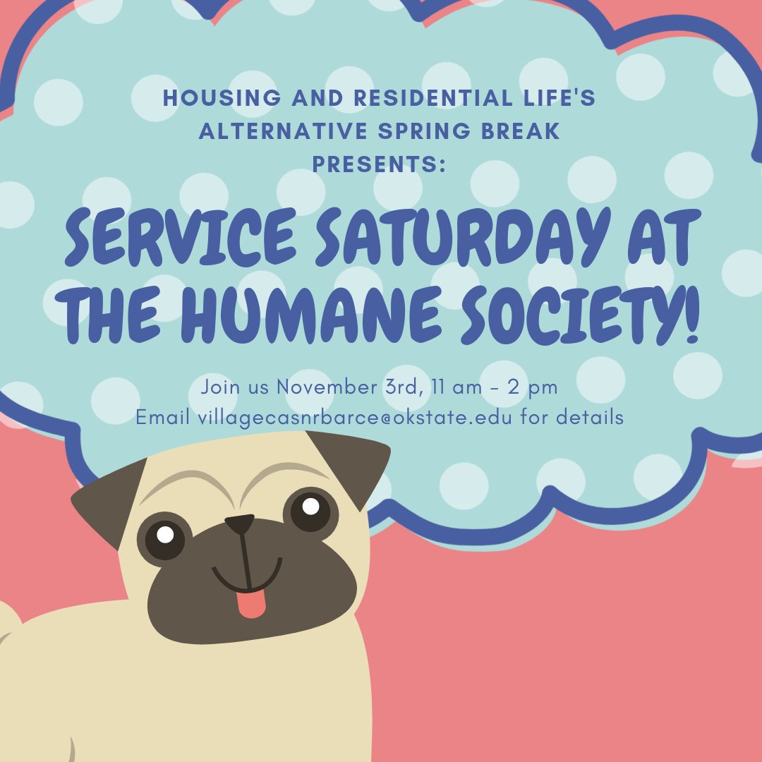 ASBOkstate's tweet image. Join ASB for our November Service Saturday on the 3rd! We'll volunteer with the Stillwater Humane Society from 11am-2pm! Email villagecasnrbarce@okstate.edu to reserve your spot and transportation! #service #servicetrip #servicesaturday #okstate #asb