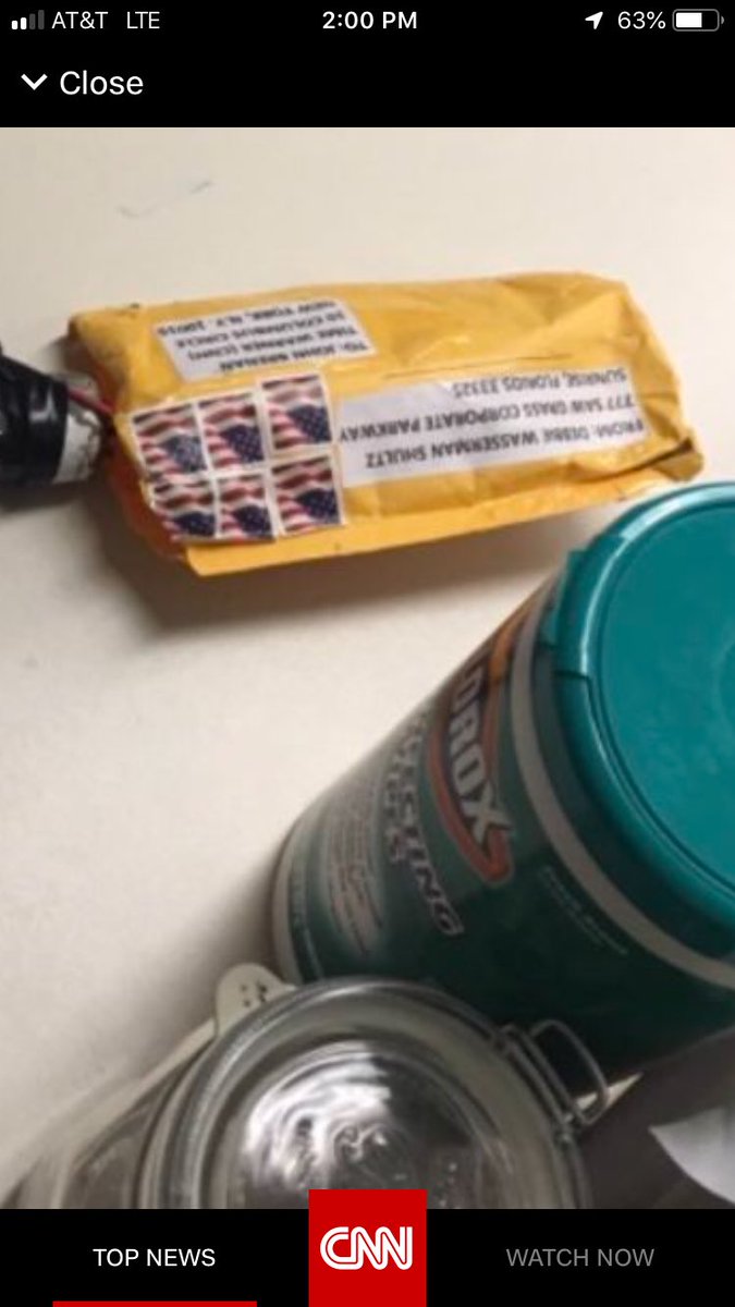 TVAshleigh's tweet photo. This is a picture of the #packagebomb sent to @CNN #TimeWarnerCenter today. (Fake return address of former DNC chair Debbie Wasserman-Shultz whose office was also evacuated b/c one of the poorly addressed pkg bombs was “returned” to her office. https://t.co/JZ9tdEJCdI