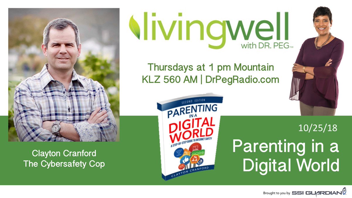 drpeg's tweet photo. @CyberSafetyCop shares #parenting tips for #socialmedia, internet use &amp; #BullyingPrevention on this week's episode of Living Well with Dr. Peg. Thursdays 1 pm MDT on KLZ560AM &amp; https://t.co/8FdrBO1kzM. Brought to you by @SSIGuardian. https://t.co/IdKvdd2rWw https://t.co/lPAyicTZIE
