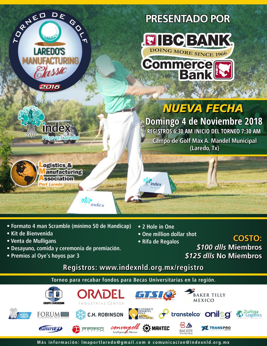 indexnld's tweet photo. Te esperamos este 4 de Noviembre para el Torneo de Golf: Laredoยดs Manufacturing Classic 2018. Apoyando la Educaciรณn de la Regiรณn de los dos Laredos.
https://t.co/BBIzJWHd0a #golf #golflaredo #laredo #maxmandel https://t.co/BgBeDCOL9S