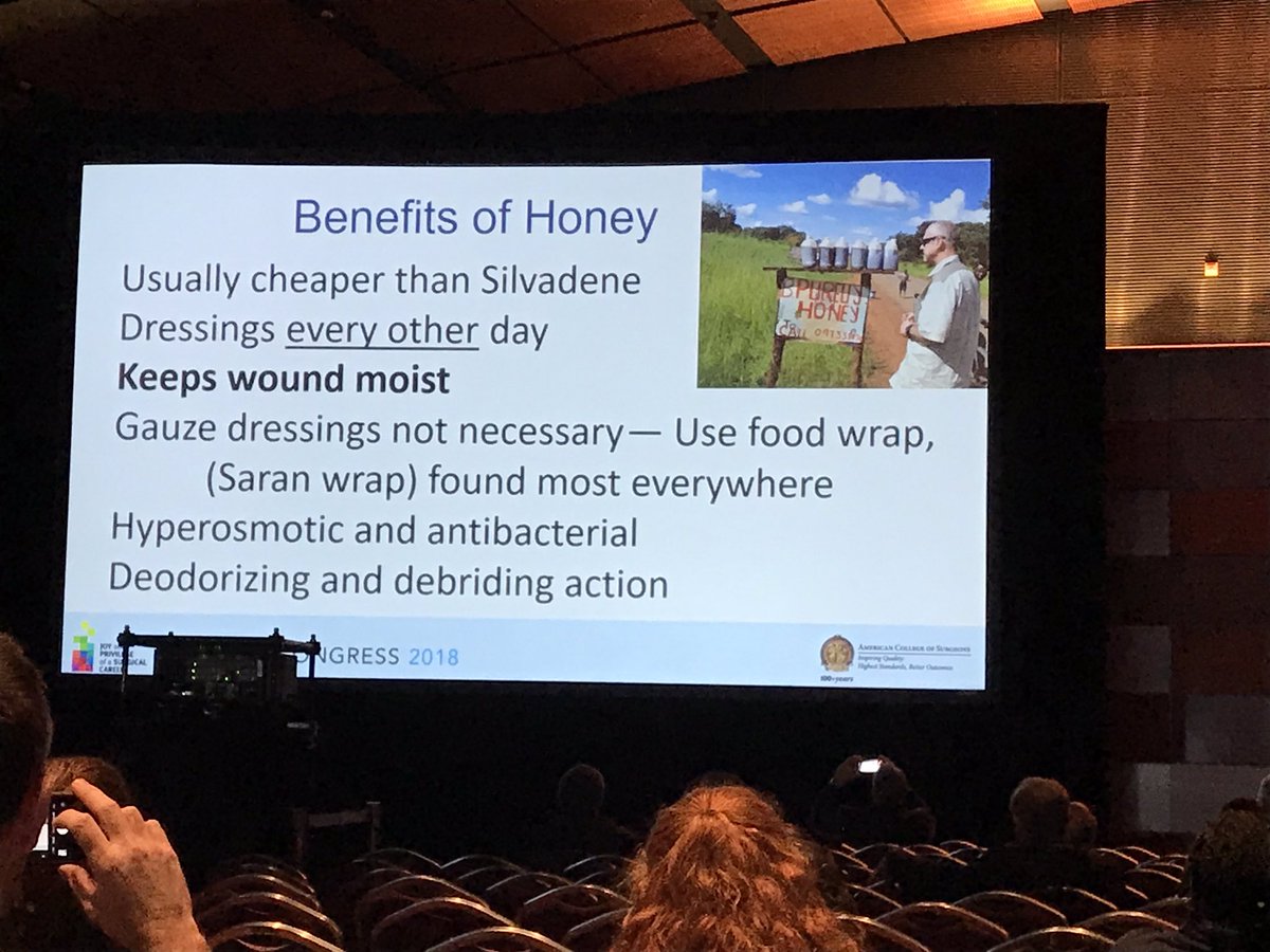 smkaty's tweet photo. Listening to Dr. Louis Carter at #GlobalSurgery: Pearls for Operating in Resource-Constrained Settings, and my tissue engineer mind is blown by wound treatment w Honey! Truly Brilliant! @StudentSurgNet @gttefera #ACCSCC18 @ICOPLASTsurgery @AmCollSurgeons https://t.co/aQxPalsPC1