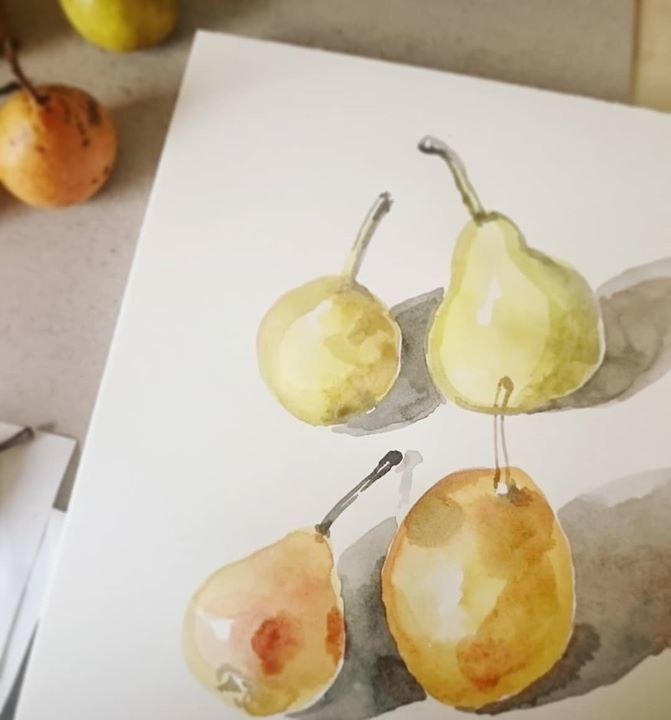 Catilustre's tweet photo. Peritas bonitas 🍐
Süsse mini Birnchen gepflückt in den Rheingau Bergen.. 
 #wildebirne  #aquarellzeichnung #goldenpear  #directwatercolor #autumnstilllife https://t.co/9BTnWjlYff