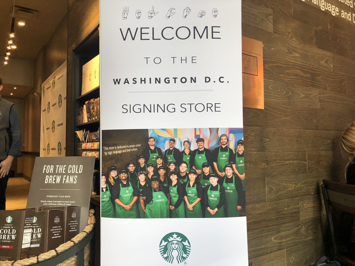 Glad to see many #GallaudetU community members, alumni and students contributing to the "Signing Starbucks," managed by Matthew Gilsbach, ’08. The mural and mugs were created by deaf artists, Yiqiao Wang, ’09; and Jena Floyd, ’02 &amp; G-’05. Many of the baristas also have #GU roots!