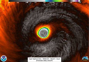 Infrared satellite imagery from NOAA-20 showing the eye of ferocious Category 5 Super Typhoon Yutu passing over Tinian Island in the western Pacific, Oct. 24, 2018.