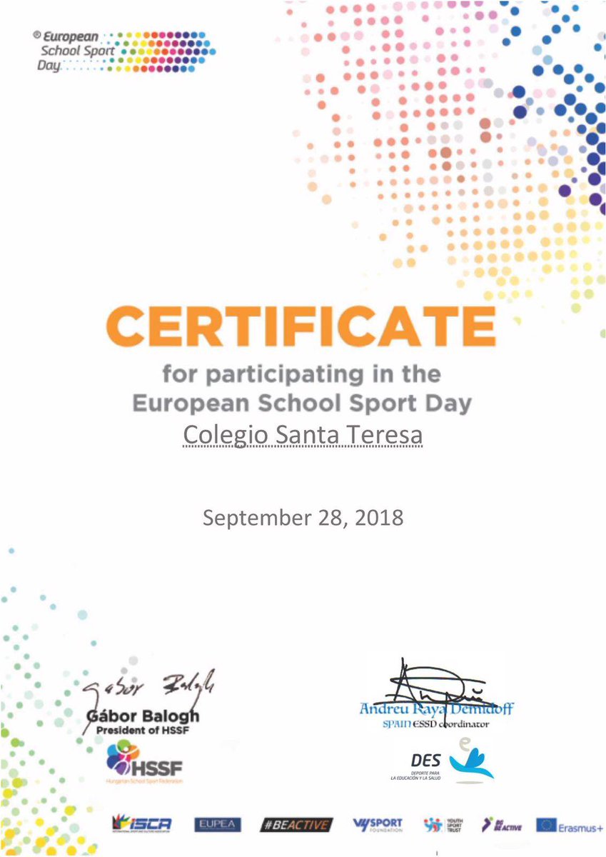 STeresaLeon's tweet photo. Nuestro diploma por haber participado como centro en el #DíaEuropeoDelDeporteEscolar #ESSD2018 #CSTLeón https://t.co/OdAqWMDwym