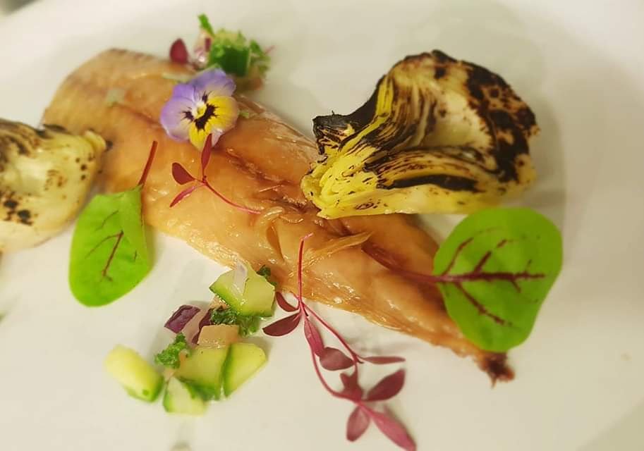 Our delicious Smoked Mackerel starter served with Scorched Artichoke Hearts, Cucumber and Tomato Salsa and Beetroot Focaccia.