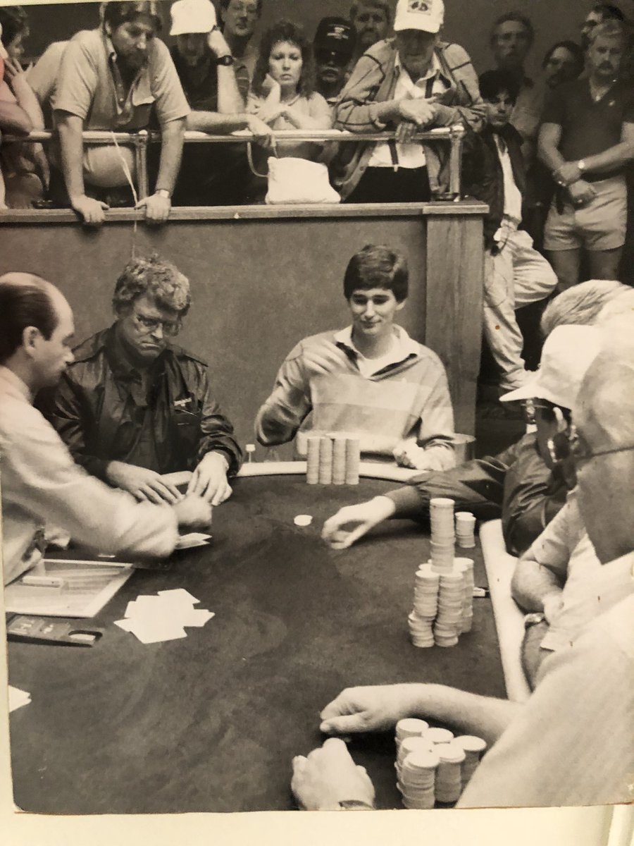 phil_hellmuth's tweet photo. My first poker Major!! Main event ($5,000 buy in), @BicycleCasino, August, 1988 (I was 24 years old). Poker Hall of Famers at this table: TJ Cloutier on left, big stack on right Jack Keller (RIP), and the great Johnny Chan #FTwithThreeWorldChampions https://t.co/AOwworU549