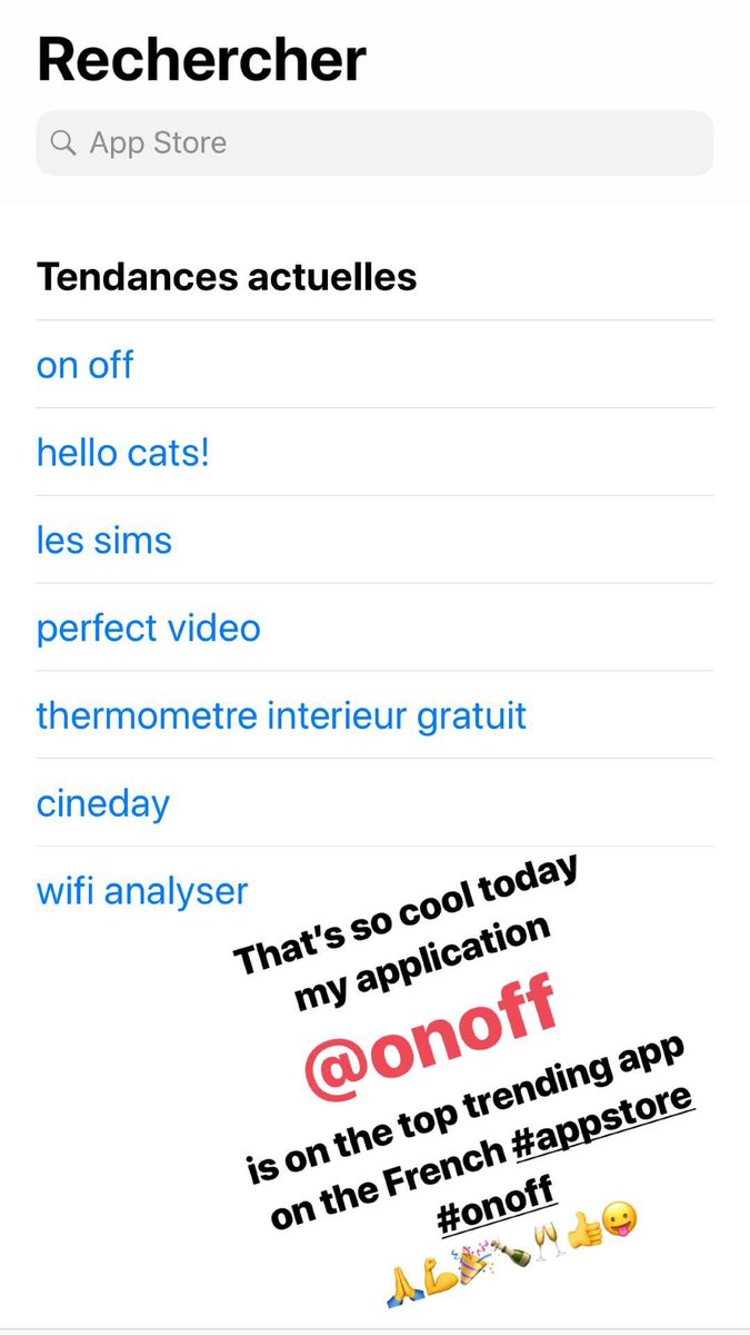 taigkhris's tweet photo. Amazing day today. My mobile app got first on the trend on the French App Store. 💪💪💪🙏🙏🙏😉😉😉🤙🤙🤙🥂🥂🥂🍾🍾🍾🎉🎉🎉 #appstore #onoff #onofftelecom #cloudnumber #taigkhris @onoff https://t.co/yvwbaFChw6