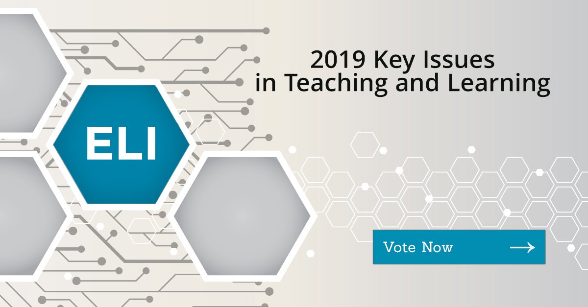 educause's tweet photo. Help determine the top themes in #TeachingandLearning. Take the 2019 ELI Key Issues in Teaching &amp; Learning survey: https://t.co/8eEVIJKoru #ELIKeyIssues #ELI2019 https://t.co/upBkkdEkWR