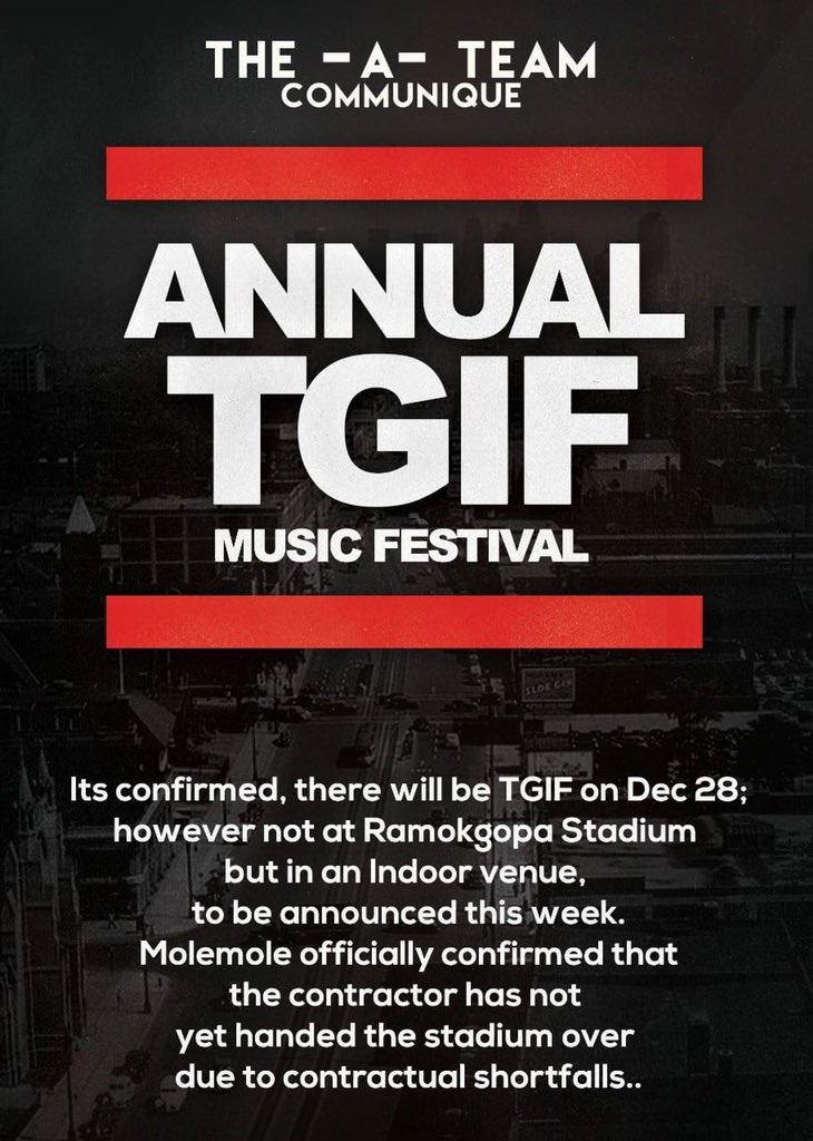 TGIFTHEParty's tweet photo. The Mother of all #Botlokwa’s parties, The 6th annual #botlokwa #tgifparty 📆 28 Dec 18 full lineup &amp; venue to be announced shortly !! 🎉🥃🎈🔊🎚💃🍾🍷 #tgifannualmusicfestival #hotlobalit #OtlabaBoseKuduKudu, #DitlaboyaRoffRoff #monatempolaye #ashintwela https://t.co/hOYw2JBfFa