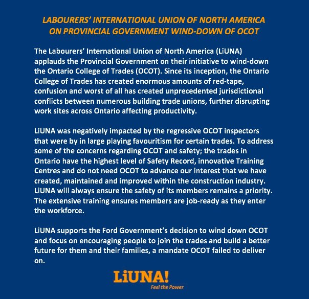 #LiUNA Statement regarding the Provincial Government's announcement on the wind-down of the Ontario College of Trades (OCOT)
