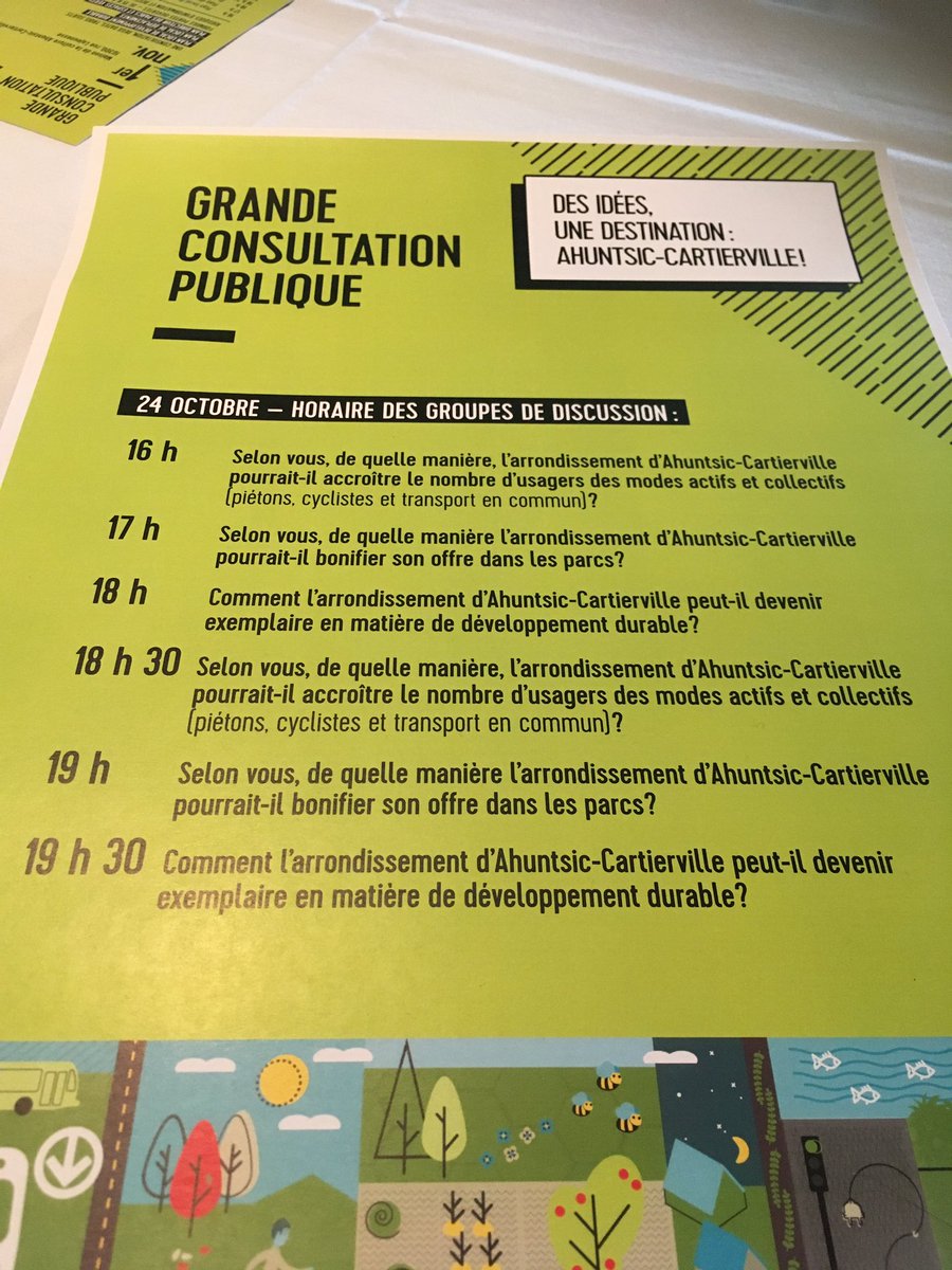 Et c’est parti pour la consultation publique dans #Cartierville pour 
- le plan local de déplacements 
- le plan local de développement durable 
- le plan directeur des parcs et espaces verts

On vous attend, halte garderie disponible!! C’est au  12225, rue Grenet