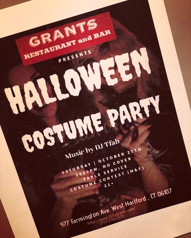 GrantsWH's tweet photo. This Saturday!!! 🔸DJ TFab
🔸Late Night Happy-Hour
🔸Cocktail Specials
🔸Costume Contest - Male &amp; Female prizes 
#wehact #ctnightlife #halloween #halloweencostume https://t.co/osTlqUL8cU