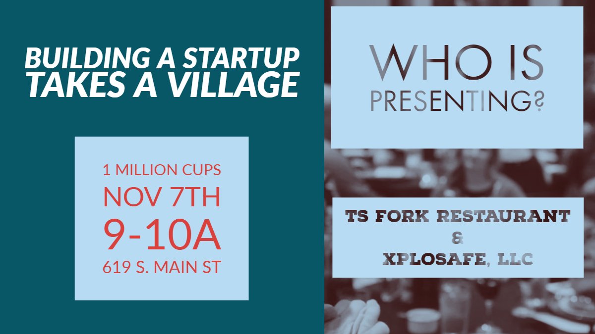 We are pumped for the upcoming 1 Million Cups! Presenting are: Chef Jeff Denton, founder of Stillwater's newest dining experience, <a href="/TSFork/">TS Fork</a>.  You'll also hear from <a href="/XploSafeLLC/">XploSafe</a>'s CEO Shoaib Shaikh.