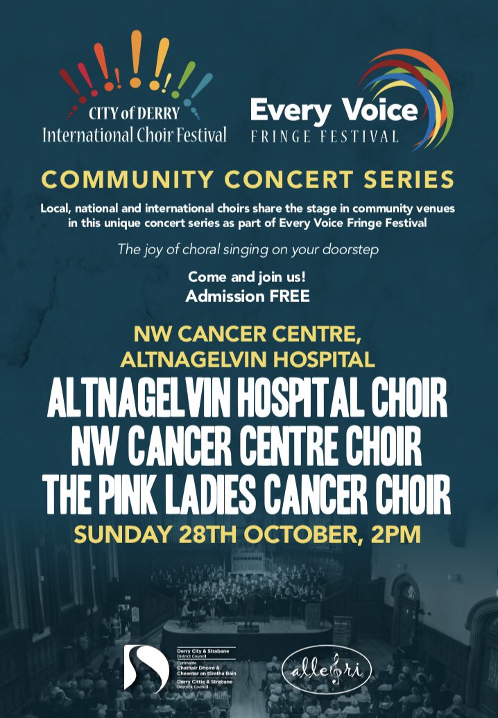 A fantastic event in the EVFF Concert Series. Sunday 28th Oct @ 2pm in the NW Cancer Centre. @AltnHospChoir join forces with @pinkladiesderry & the NW Cancer Centre Choir to deliver a special afternoon of choral music.
#singingforhealth #musicmatters #EveryVoice #DerryChoirFest
