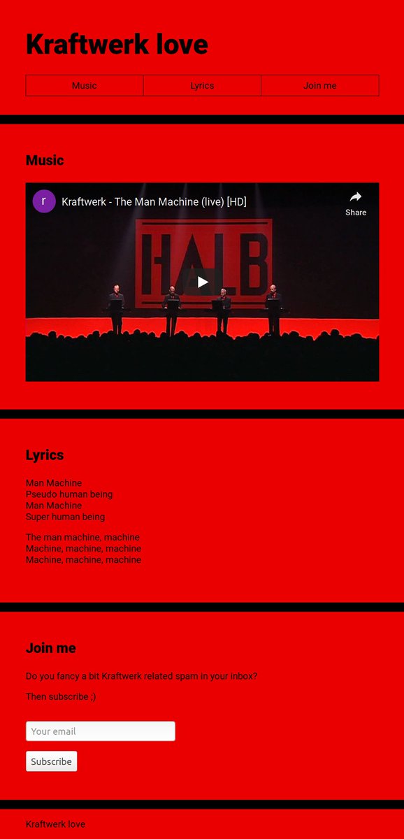 New free workshop coming up next Monday. We'll build a #responsive #HTML and #CSS landing page from scratch! Something like what's in the picture... and yes I'm a Kraftwerk fanboy :P

RSVP here: buff.ly/2ShoCVw