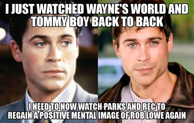 DroidSupreme's tweet photo. @robloweofficial has got some range... How's everyone else coping with reality today? #roblowe #waynesworld #tommyboy #mikemyers #chrisfarley #danacarvey #davidspade https://t.co/Ik19eeaGfM https://t.co/b2TCu36Ekw