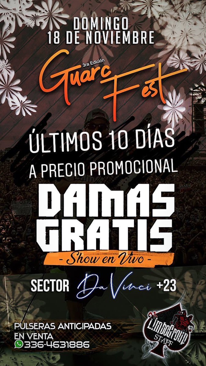 moodstaffok's tweet photo. ⚠️ÚLTIMOS 10 DÍAS A PRECIO PROMOCIONAL!⚠️

#GuarcFest 🎉🤟🏻💥🔥🔥
Una fiesta imperdible!! Con #DamasGratis EN VIVO! 😍👏🏻

🔴Aprovecha a conseguir tus anticipadas a un precio insuperable!!
#Generales 🚺$200 🚹$250
#DaVinci +23 ⭐️$300

#LimboGroup♠️ https://t.co/DHdH9p2V9r