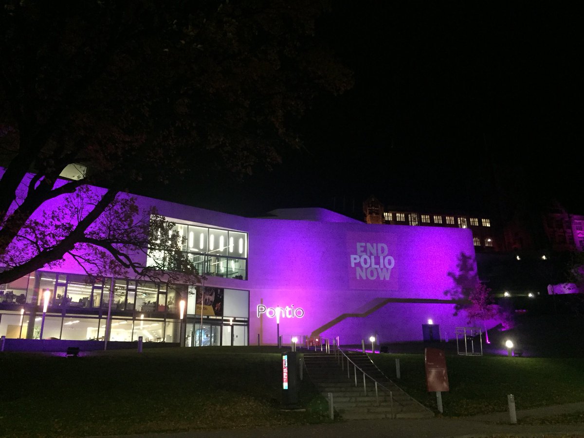 The Pontio building turned purple tonight, as part of Bangor Rotary Club’s initiative event to “Light up the Menai Strait Purple” publicising the ‘End Polio Now’ international disease eradication campaign. 💜

#MyBangor #FyMangor #DigitalAmbassadors #BangorUni #PrifysgolBangor
