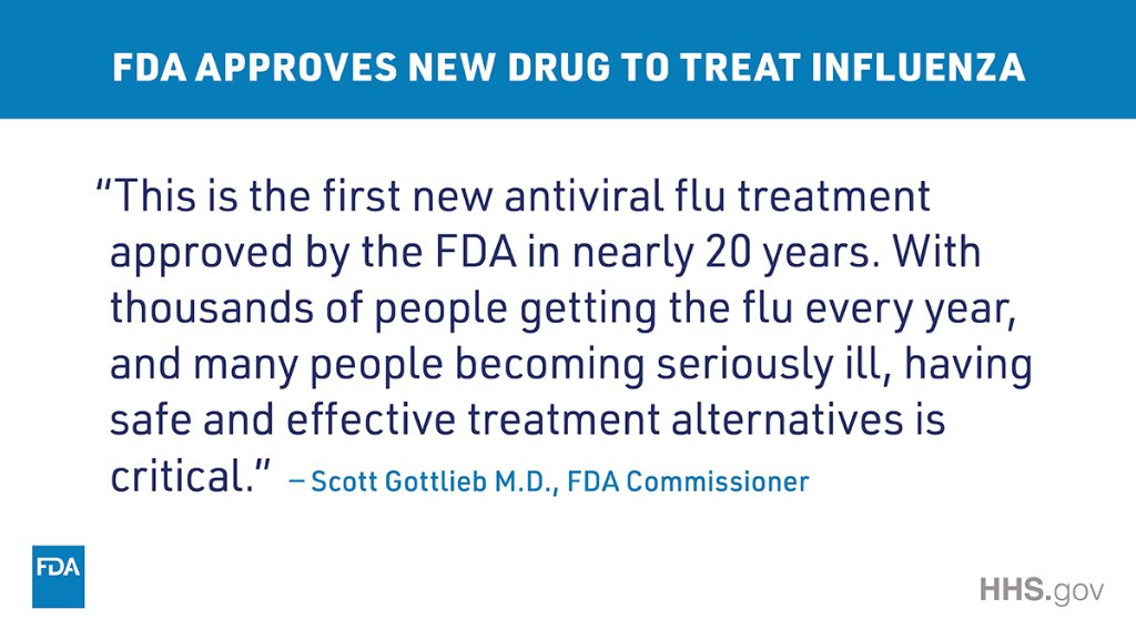 Alt text: FDA approves new drug to treat influenza. "This is the first new antiviral flu treatment approved by the FDA in nearly 20 years. With thousands of people getting the flu every year, and many people becoming seriously ill, having safe and effective treatment alternatives is critical." — Scott Gottlieb M.D., FDA Commissioner
