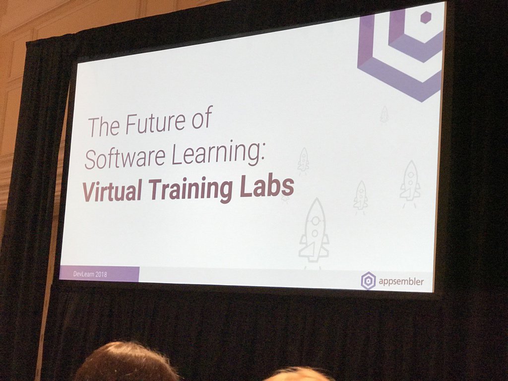 KAKoehler's tweet photo. Listening to @natea from @appsembler present on Virtual Labs. #DevLearn https://t.co/3wuGuWtR72