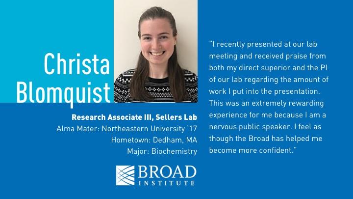 broadinstitute's tweet photo. Christa Blomquist says, "I feel as though the Broad has helped me become more confident." Find out what else @broadinstitute has to offer at @SimmonsUniv tonight, 6-7:30pm (M-222, Mgmnt/Acad Bldg). #BroadieBecause #WomenInSTEM #biochemistry #careers https://t.co/OOTD6Z4WHS