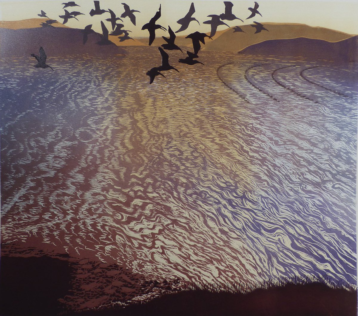 Somerset-based artist Julia Manning received the first Mascot Media 'Nature in Print' award at <a href="/swlanaturaleye/">SWLA</a> for her wonderful woodcut 'Returning Tide' showing curlew over #Shetland. Fantastic show of wildlife art at <a href="/mallgalleries/">mallgalleries</a>, not to be missed.