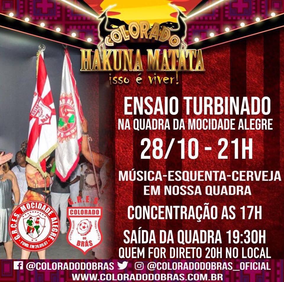 Alô família Vermelho e Branco!
ATENÇÃO!

Esse domingo 28/10 faremos um ensaio TURBINADO na quadra da Escola de Samba Mocidade Alegre!

Teremos um esquenta em nossa quadra.
Concentração as 17h!

#VemTodoMundo
#HakunaMatata
#ColoradoDoBras 
#MocidadeAlegre 
🔴⚪️🥁