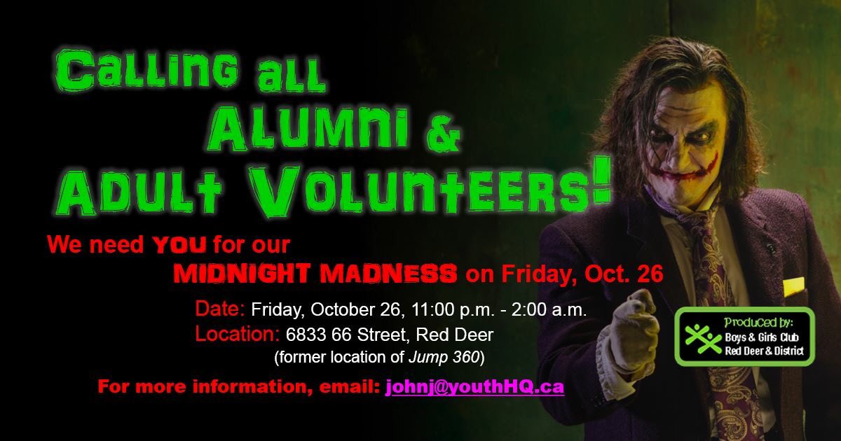 YouthHQRD's tweet photo. Calling All Volunteers! Ready to get your fright on? We still are looking for adult volunteers for Midnight Madness! Contact Johnj@youthhq.ca if your interested! #zedhh https://t.co/OrklF5XZpF