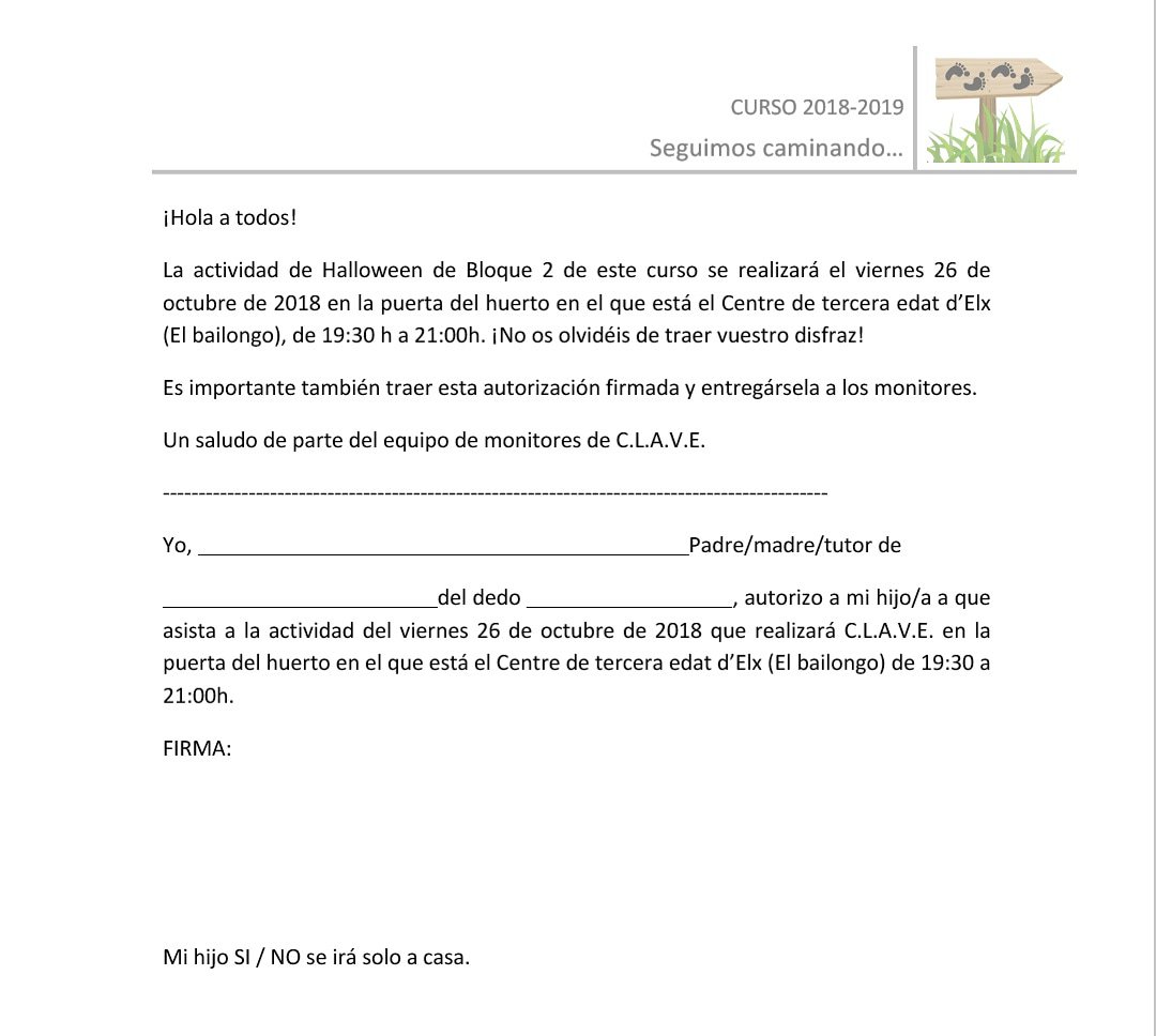 Clave_Elche's tweet photo. ¡No os olvidéis de traer vuestros disfraces de Halloween, la pañoleta y ganas de pasarlo de miedo👻!

¡Y aquí tenéis la autorización para Halloween de Bloque 2, IMPORTANTÍSIMO TRAERLA! https://t.co/Pjs1CNWEjG