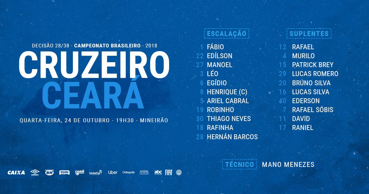 Veja a escalação do Cruzeiro para a partida contra a Ceará