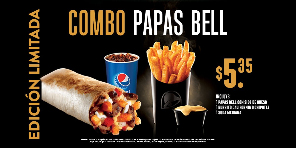 🌯Burrito + Soda + ¡las mejores papas! 🍟
Conoce el nuevo Combo #PapasBell 
¡Con toda la sazón! 👉