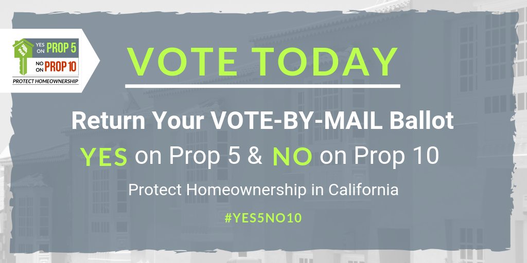 SAMCAR_REALTORS's tweet photo. Remember to return your #votebymail #ballot TODAY! SAMCAR and @CAREALTORS urge you to #ProtectHomeownership by voting #YESonProp5 and #NOonProp10 🗳 Learn more at https://t.co/h31ZIc2Mzn
#yes5no10 https://t.co/DOwKB0pQHT