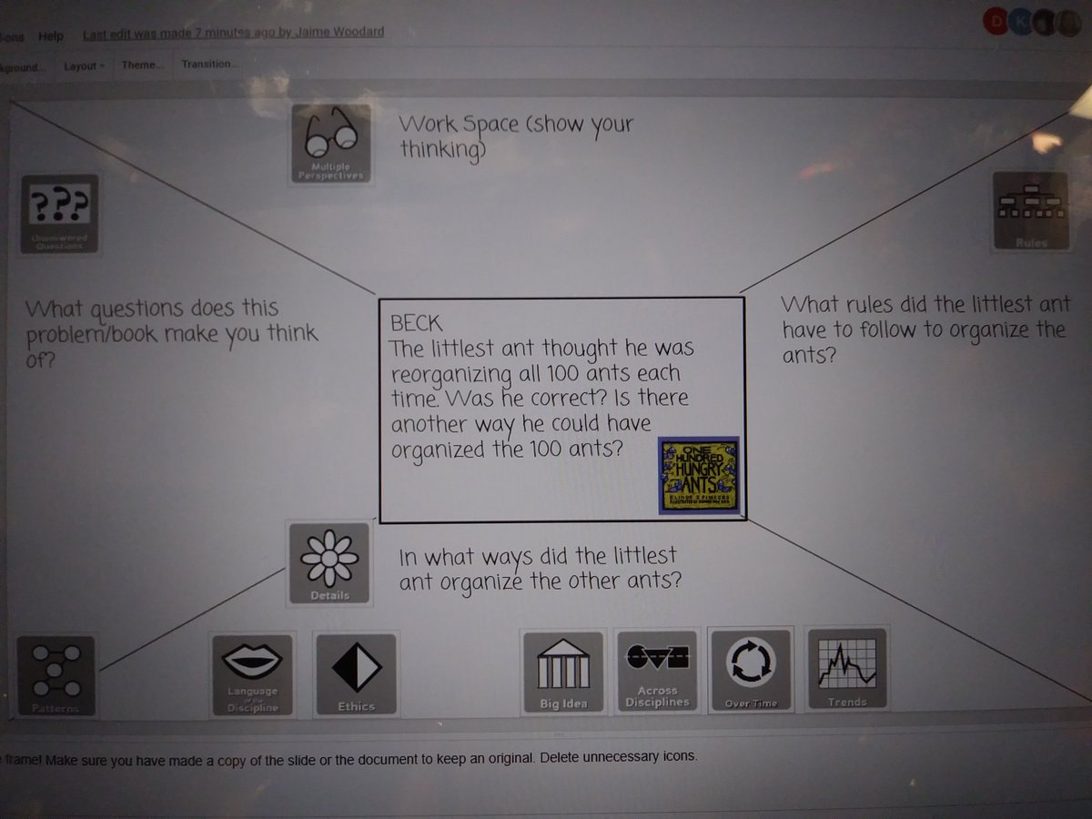 srgarrison01's tweet photo. 3rd grade Ts using math literature, One Hundred Hungry Ants, and Depth and Complexity icons to construct meaning. Each campus has their own slide. Loved seeing how each campus took a different approach. #IncreasingtheCognitiveDemand #CurriculumPreview https://t.co/DVPDT6zLmS