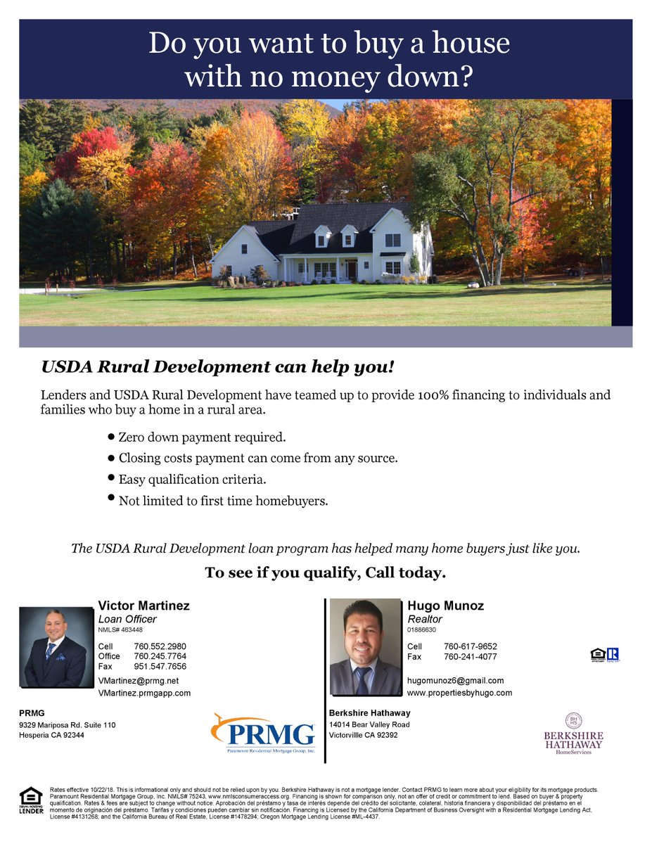 Do you want to buy a house with no money down?
USDA Rural Development can help you!
Lenders and USDA rural development have teamed up to provide 100% financing to individuals and families who buy a home in rural area. Contact me today 760-617-9652. #homesforsale #fisttimebuyers