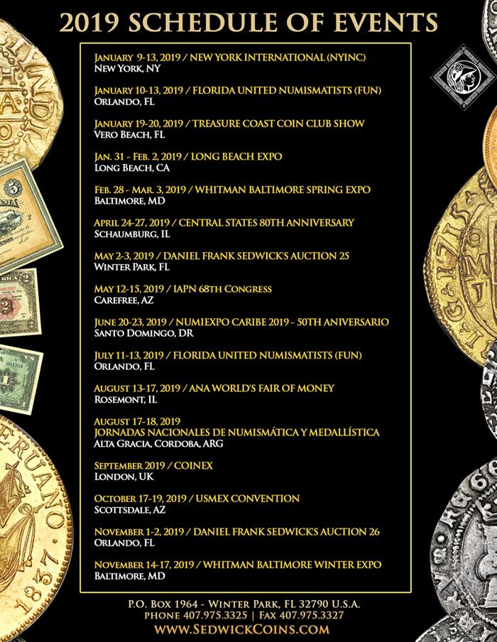 Programación de eventos de la casa de #subasta #Sedwick 2019
sedwickcoins.com es una empresa soportada por expertos en #macuquinas de plata y onzas de oro acuñadas en España y las colonias de América; también esta ampliando su oferta comercial al ofrecer #billetes antiguos