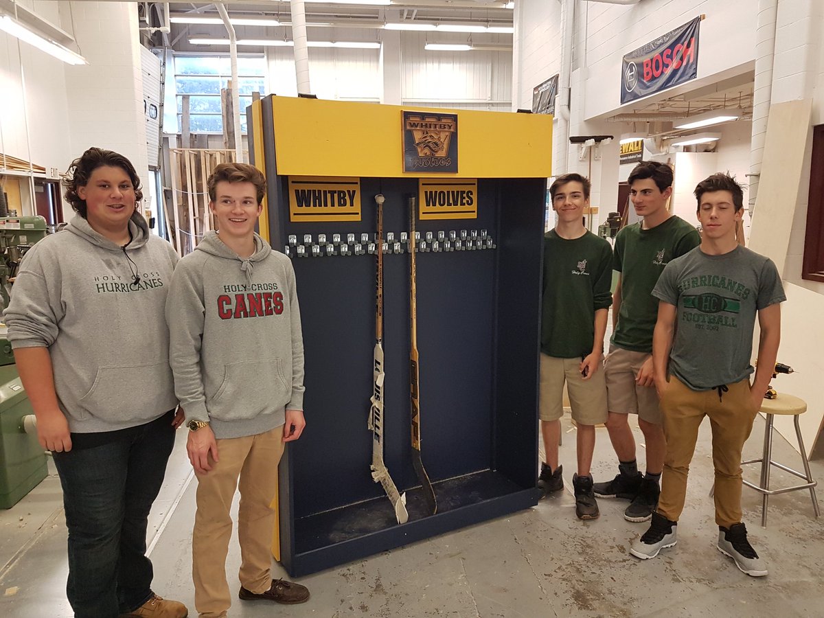Another community based project <a href="/HolyCrossPTBO/">Holy Cross CSS</a> students have designed and made for the Whitby Wolves. Portable stick rack that can go from changeroom to bench! #pvncserves #construction #athletics